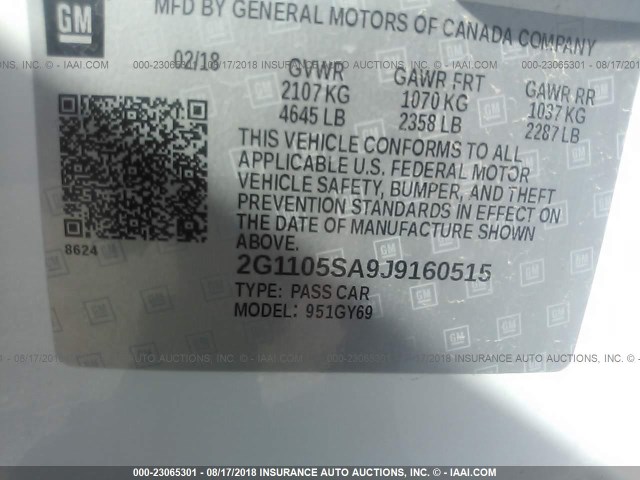 2G1105SA9J9160515 - 2018 CHEVROLET IMPALA LT WHITE photo 9