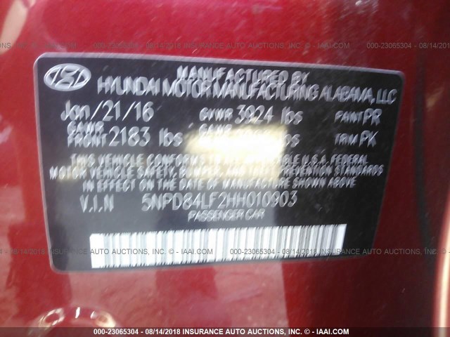 5NPD84LF2HH010903 - 2017 HYUNDAI ELANTRA SE/VALUE/LIMITED RED photo 9