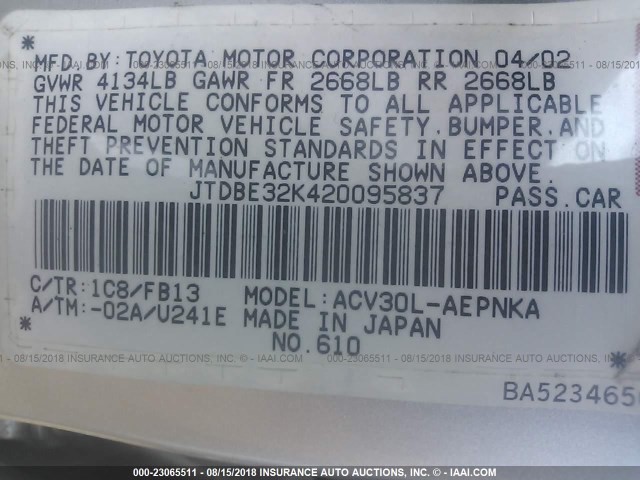 JTDBE32K420095837 - 2002 TOYOTA CAMRY LE/XLE/SE Gümüş foto 9