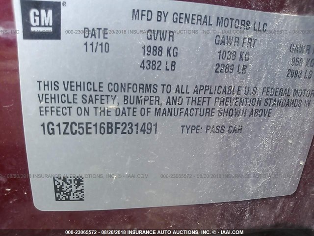 1G1ZC5E16BF231491 - 2011 CHEVROLET MALIBU 1LT RED photo 9