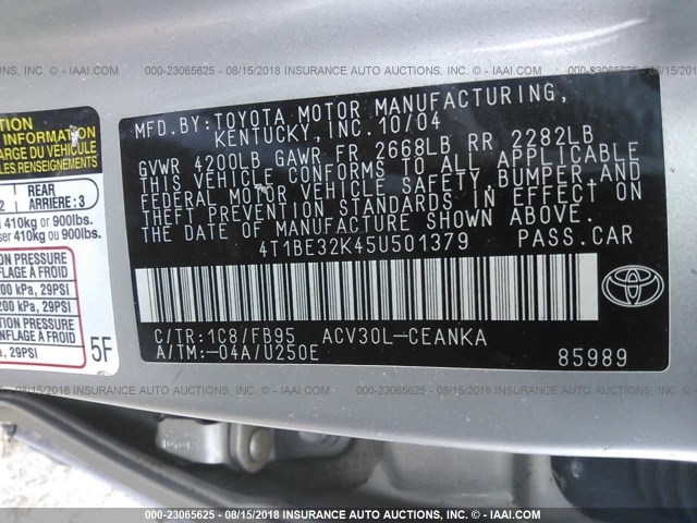 4T1BE32K45U501379 - 2005 TOYOTA CAMRY LE/XLE/SE Күміс фото 9