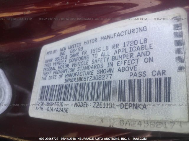 1NXBR18E8YZ308277 - 2000 TOYOTA COROLLA VE/CE/LE 勃艮第红 照片 9