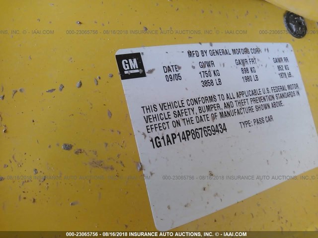 1G1AP14P867659434 - 2006 CHEVROLET COBALT SS SUPERCHARGED YELLOW photo 9