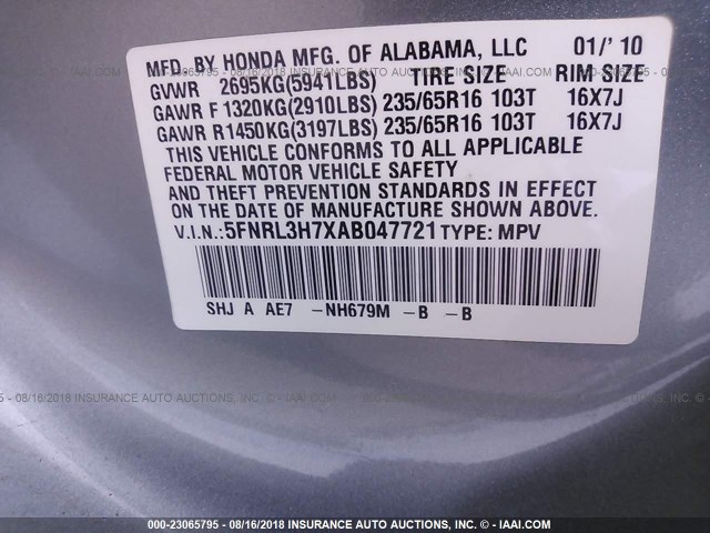 5FNRL3H7XAB047721 - 2010 HONDA ODYSSEY EXL Light Blue photo 9