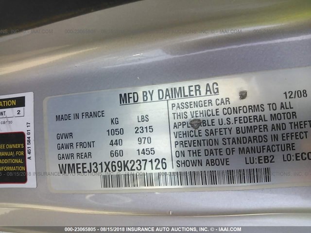 WMEEJ31X69K237126 - 2009 SMART FORTWO PURE/PASSION BLUE photo 9