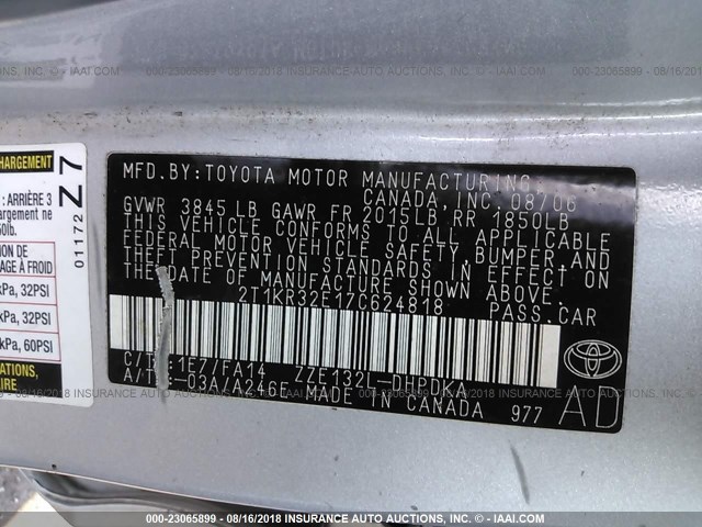 2T1KR32E17C624818 - 2007 TOYOTA COROLLA MATRIX XR SILVER photo 9