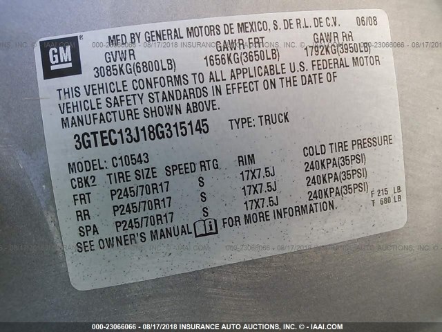 3GTEC13J18G315145 - 2008 GMC SIERRA C1500 GRAY photo 9