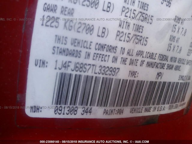 1J4FJ68S7TL332997 - 1996 JEEP CHEROKEE SPORT/CLASSIC წითელი ფოტო 9