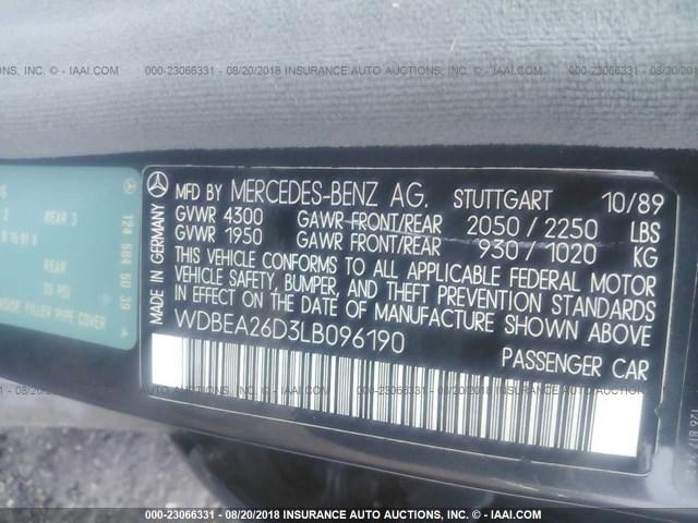 WDBEA26D3LB096190 - 1990 MERCEDES-BENZ 300 E 2.6 GRAY photo 9