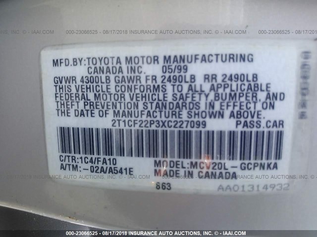 2T1CF22P3XC227099 - 1999 TOYOTA CAMRY SOLARA SE/SLE Gümüş foto 9