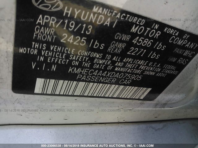 KMHEC4A4XDA075905 - 2013 HYUNDAI SONATA HYBRID WHITE photo 9