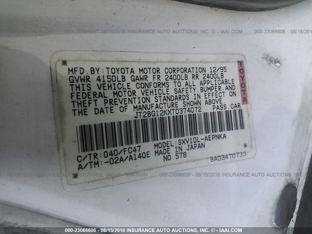 JT2BG12KXT0374072 - 1996 TOYOTA CAMRY DX/LE/XLE WHITE photo 9