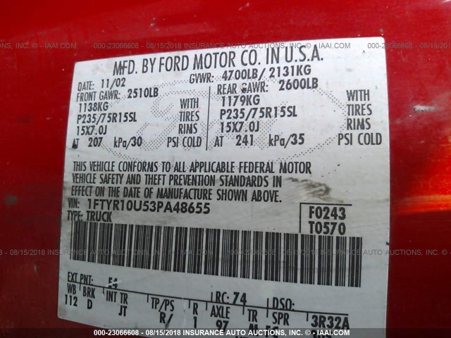 1FTYR10U53PA48655 - 2003 FORD RANGER RED photo 9