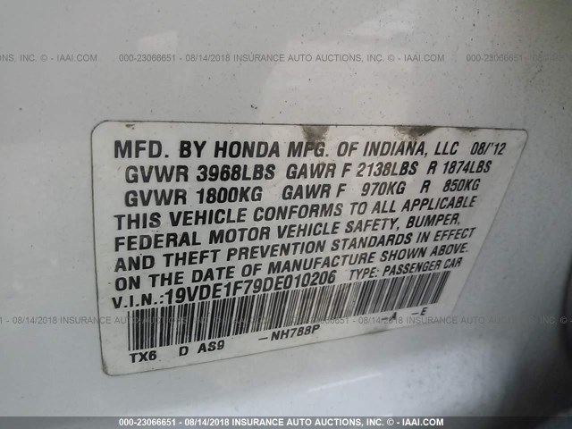 19VDE1F79DE010206 - 2013 ACURA ILX 20 TECH WHITE photo 9