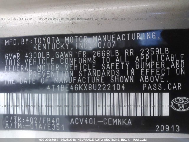 4T1BE46KX8U222104 - 2008 TOYOTA CAMRY CE/LE/XLE/SE GOLD photo 9