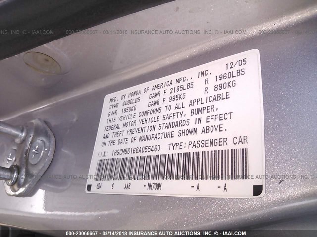 1HGCM56166A055460 - 2006 HONDA ACCORD VALUE SILVER photo 9