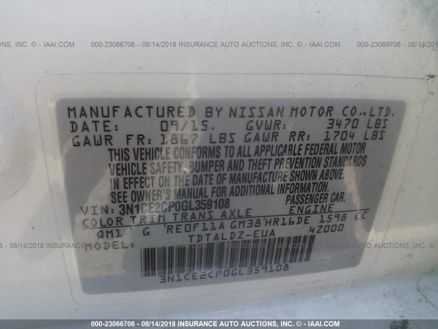 3N1CE2CP0GL359108 - 2016 NISSAN VERSA NOTE S/S PLUS/SV/SL/SR WHITE photo 9