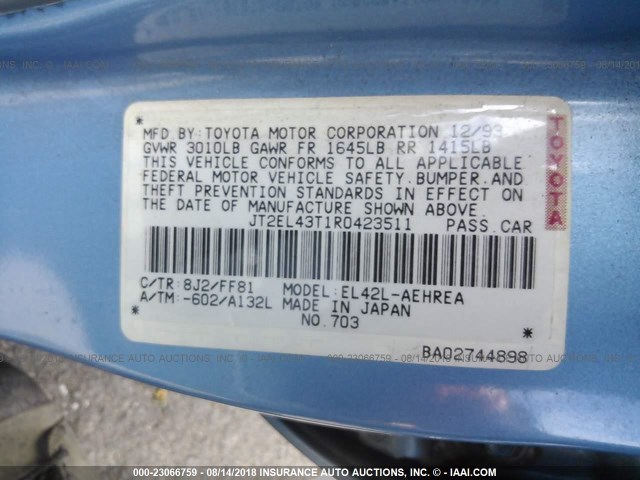 JT2EL43T1R0423511 - 1994 TOYOTA TERCEL DX BLUE photo 9