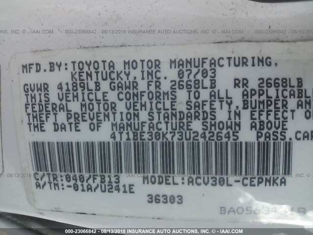 4T1BE30K73U242645 - 2003 TOYOTA CAMRY LE/XLE/SE Ağ foto 9