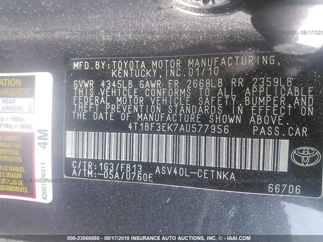 4T1BF3EK7AU577956 - 2010 TOYOTA CAMRY SE/LE/XLE ნაცრისფერი ფოტო 9