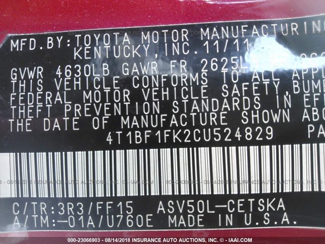 4T1BF1FK2CU524829 - 2012 TOYOTA CAMRY SE/LE/XLE RED photo 9