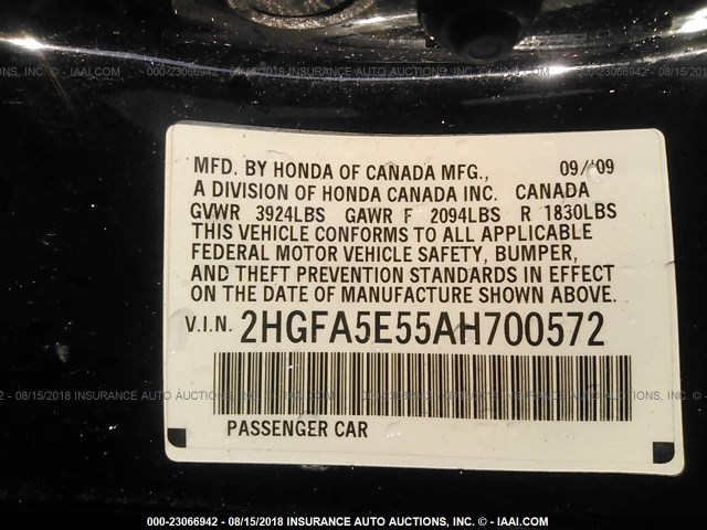 2HGFA5E55AH700572 - 2010 HONDA CIVIC SI BLACK photo 9