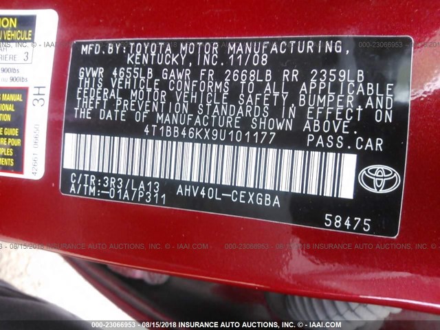 4T1BB46KX9U101177 - 2009 TOYOTA CAMRY HYBRID RED photo 9