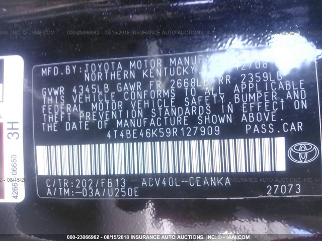 4T4BE46K59R127909 - 2009 TOYOTA CAMRY SE/LE/XLE შავი ფოტო 9