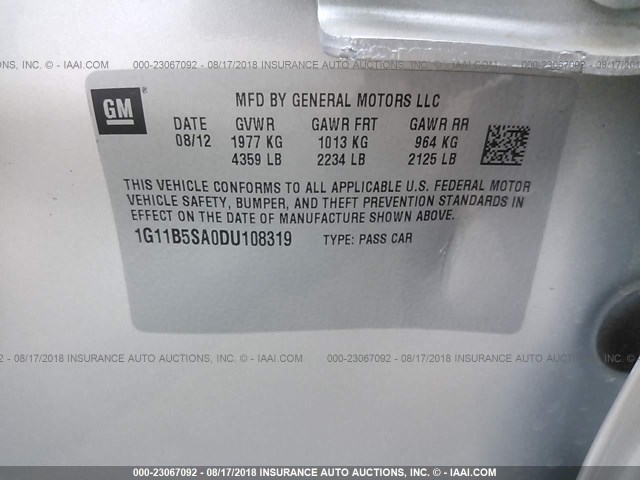 1G11B5SA0DU108319 - 2013 CHEVROLET MALIBU LS Gümüş foto 9