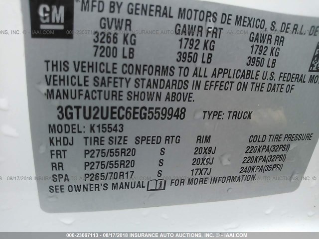 3GTU2UEC6EG559948 - 2014 GMC SIERRA K1500 SLE WHITE photo 9