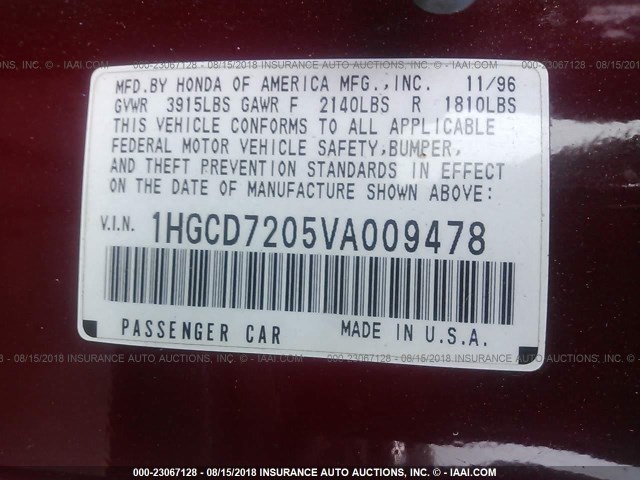 1HGCD7205VA009478 - 1997 HONDA ACCORD SE RED photo 9