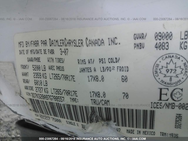 3D7KS28A97G788557 - 2007 DODGE RAM 2500 ST/SLT 白色 照片 9