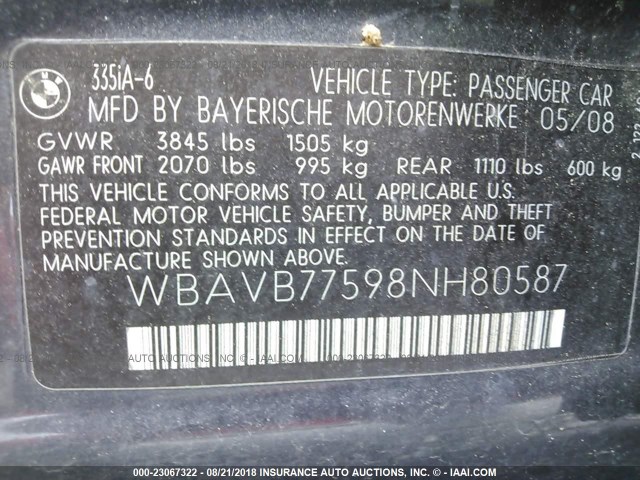 WBAVB77598NH80587 - 2008 BMW 335 I GRAY photo 9