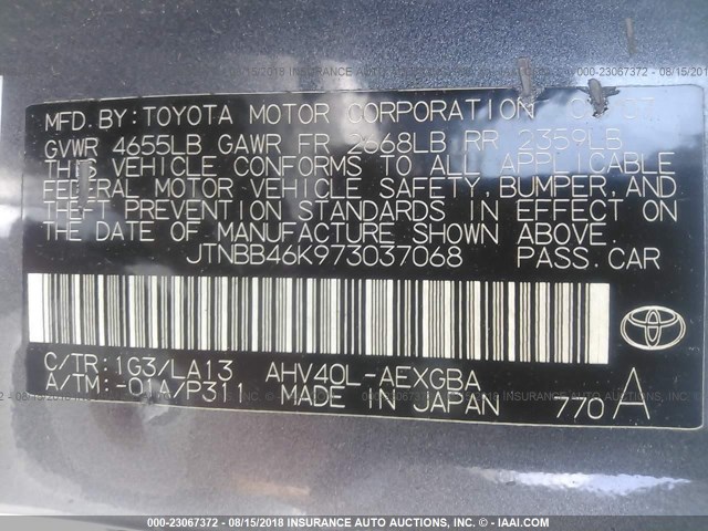 JTNBB46K973037068 - 2007 TOYOTA CAMRY NEW GENERAT HYBRID GRAY photo 9