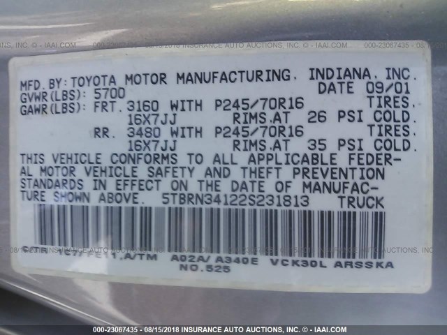 5TBRN34122S231813 - 2002 TOYOTA TUNDRA ACCESS CAB SR5 GRAY photo 9