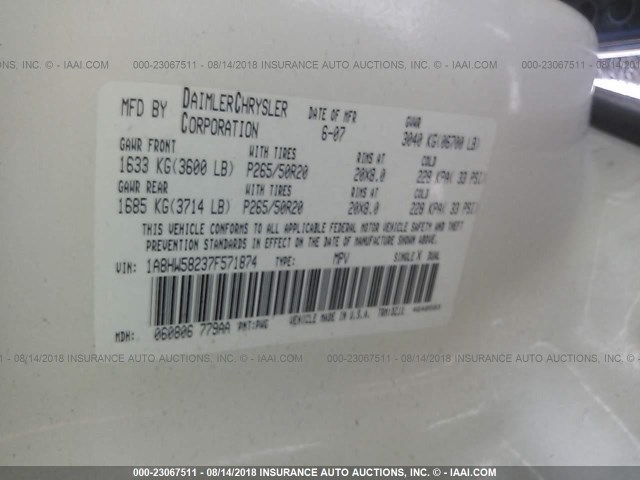 1A8HW58237F571874 - 2007 CHRYSLER ASPEN LIMITED WHITE photo 9