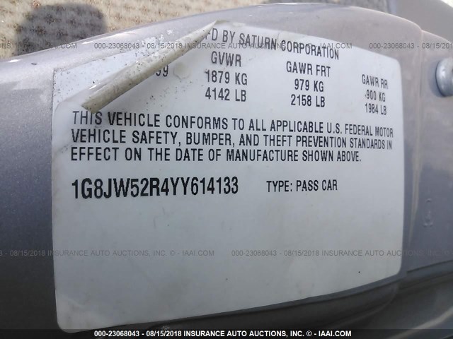 1G8JW52R4YY614133 - 2000 SATURN LS2 GRAY photo 9