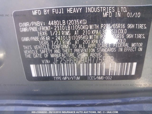 JF2SH6BC9AH775509 - 2010 SUBARU FORESTER XS Mavi foto 9