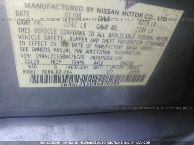 1N4AL21E68N476789 - 2008 NISSAN ALTIMA 2.5/2.5S GRAY photo 9