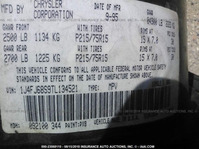 1J4FJ68S9TL134521 - 1996 JEEP CHEROKEE SPORT/CLASSIC Czarny zdjęcie 9