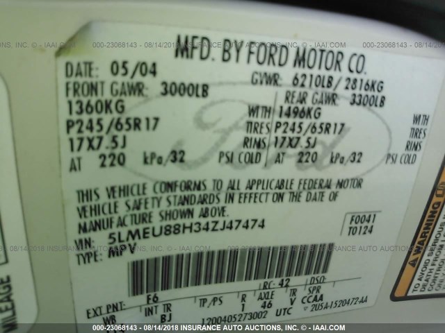 5LMEU88H34ZJ47474 - 2004 LINCOLN AVIATOR WHITE photo 9