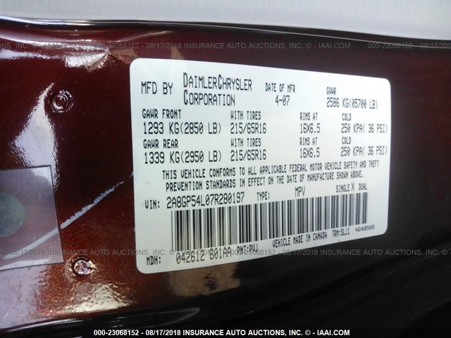 2A8GP54L07R280197 - 2007 CHRYSLER TOWN & COUNTRY TOURING BURGUNDY photo 9