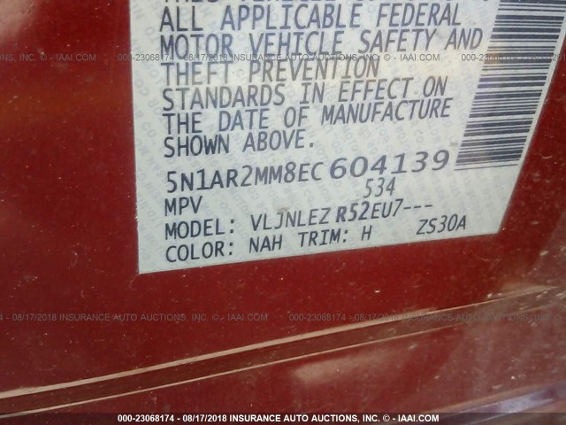 5N1AR2MM8EC604139 - 2014 NISSAN PATHFINDER S/SV/SL/PLATINUM BURGUNDY photo 9