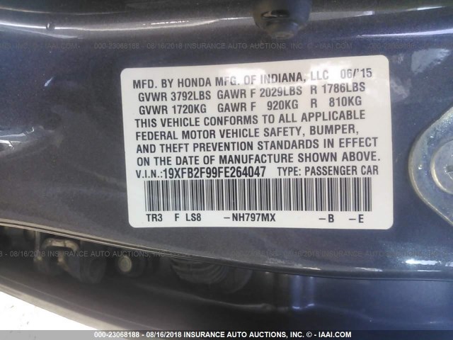 19XFB2F99FE264047 - 2015 HONDA CIVIC EXL GRAY photo 9