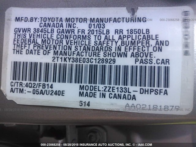 2T1KY38E03C128929 - 2003 TOYOTA COROLLA MATRIX XRS GOLD photo 9