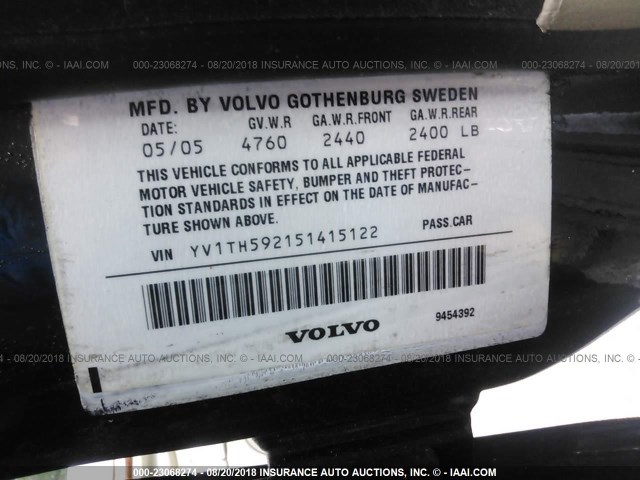 YV1TH592151415122 - 2005 VOLVO S80 2.5T BLACK photo 9