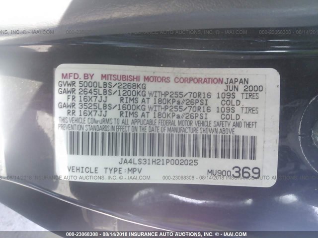 JA4LS31H21P002025 - 2001 MITSUBISHI MONTERO SPORT XLS შავი ფოტო 9