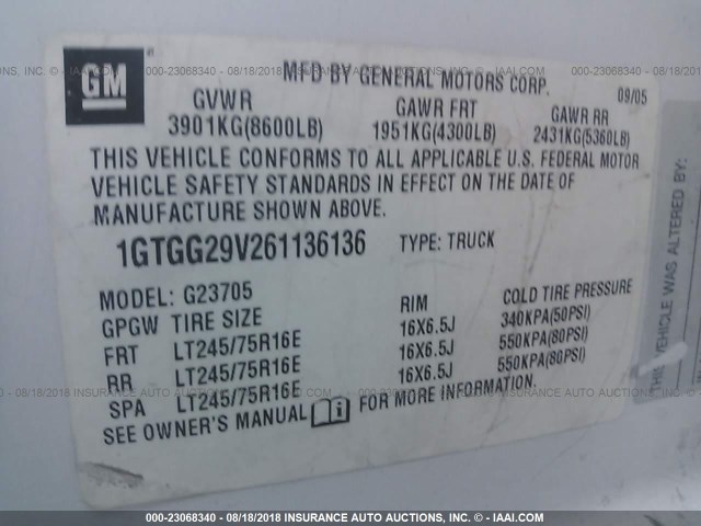 1GTGG29V261136136 - 2006 GMC SAVANA G2500 WHITE photo 9