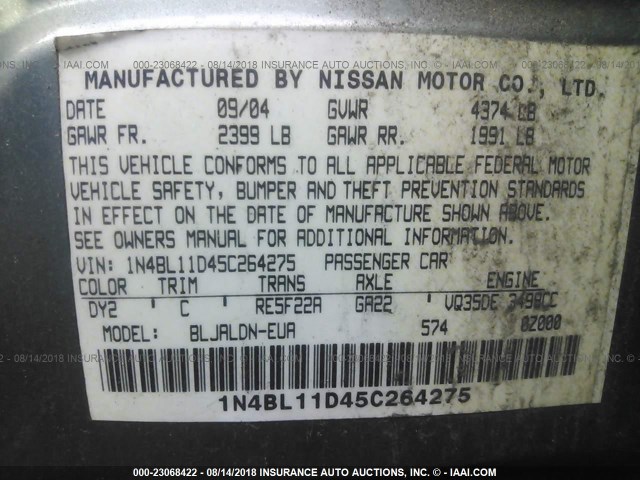 1N4BL11D45C264275 - 2005 NISSAN ALTIMA SE/SL/SE-R GREEN photo 9