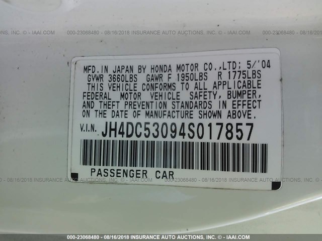 JH4DC53094S017857 - 2004 ACURA RSX TYPE-S WHITE photo 9